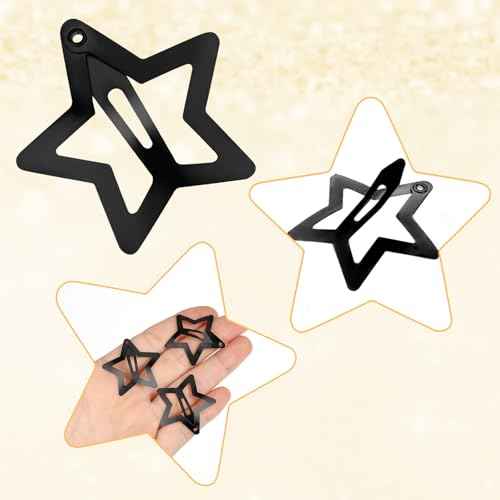 12PCS Metal Star Snap Hair Clips, 1.6 Inches Star Hair Clips for Kids Girls and Women, Silver/Gold/Black Star Snap Hair Barrettes, Non-Slip 2000s Y2K Star Cute Snap Hair Accessories(Black)