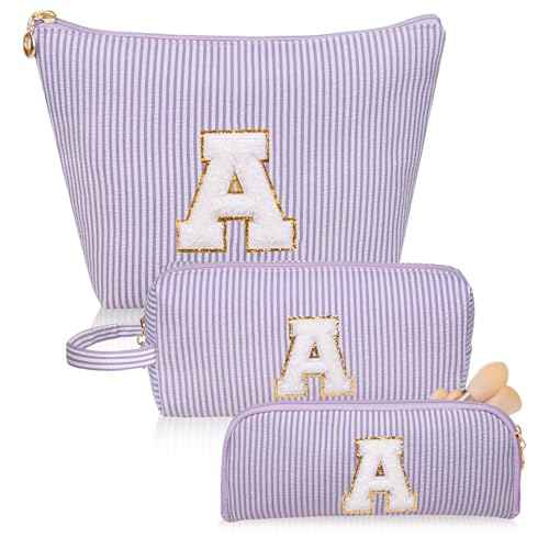 Initials Makeup Bag Set, Personalized Purple Cosmetic Bag, Cute Large Make up Bags, Travel Toiletry Bag for Women Girl Gifts A (Purple)