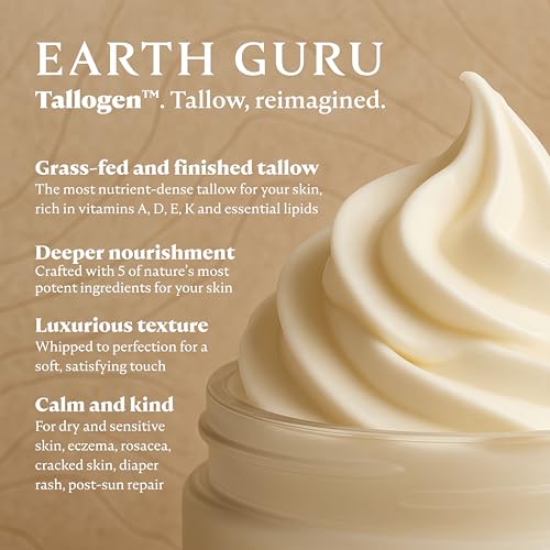 Earth Guru XL 8 OZ Whipped Beef Tallow for Skin,100% Natural Beef Tallow and Honey Balm, Face Moisturizer & Body Lotion Cream, Grass-Fed & Finished, Sebo De Res Para La Cara, Organic Olive Oil, Manuka