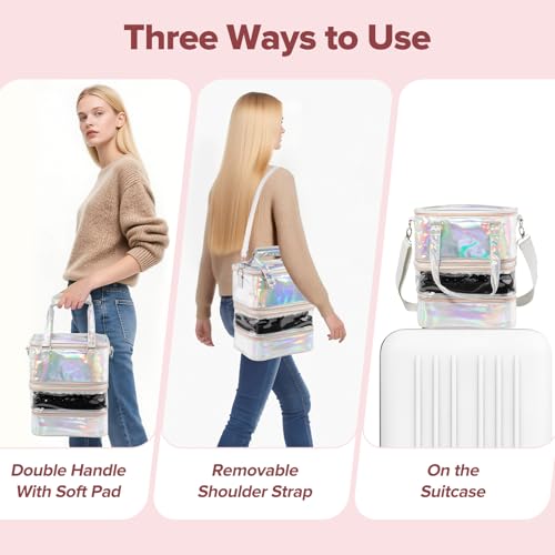 Nail Polish Organizer Case, 3 Layers Removable Nail Polish Storage Bag Holds 60 Bottles and Nail Lamp with Shoulder Strap Portable Holographic PU Leather Nail Kit Storage for Manicure Tools (Silver)