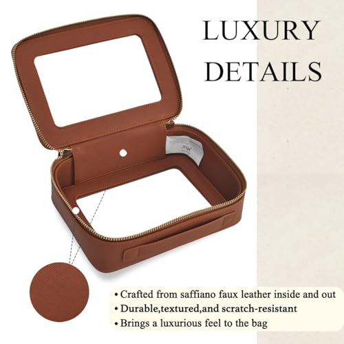 NGIL Clear Faux Leather Travel Toiletry Bag, Makeup Bag Organizer for Women, Clear Window & Gold Zipper Makeup Bag, Road Trip Essential, Skincare, Cruise Ship Essentials (Brown)