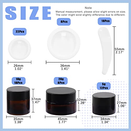 Glarks 40Pcs 5g 10g 20g Amber Glass Jars Round Containers with Black Lids and 10pcs Plastic Spatulas Kit for Makeup, Cream, Lotion, Sugar Scrubs, Eye Shadow, Slime, Paint, Jewelry