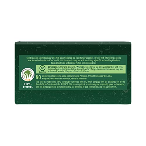 Desert Essence Tea Tree Therapy Cleansing Bar Soap - 5 Ounce - Pack of 4 - Therapeutic Skincare - All Skin Types - Jojoba Oil - Aloe Vera - Palm Oil - Moisturizes Face and Body