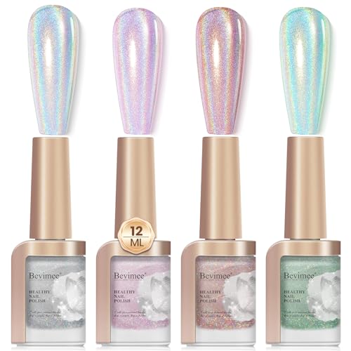 Iridescent Holographic Nail Polish 12ML*4Colors Silver Pink Red Green Nail Polish Fast Drying
