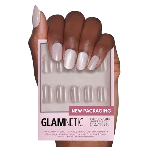 Glamnetic Press-On Nails & Adhesive Nail Tabs - Pure Intentions | Glossy, Iridescent Short Round Nails | 12 Sizes - 30 Nail Kit with Adhesive Tabs