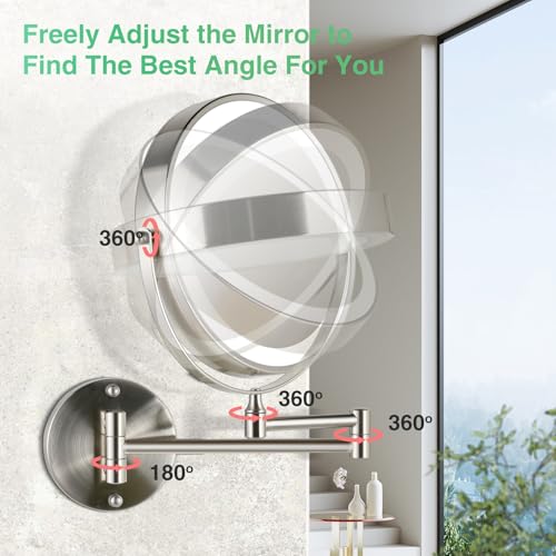 30X/1X Wall Mounted Makeup Mirror with Light: 8.5 Inch Double-Sided, 3 Color Modes, USB-C Rechargeable, 360¡Æ Swivel, Brushed Nickel