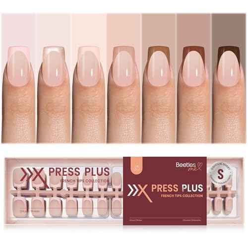 Beetles X Press Plus French Tip Nails - Mocca Mousse French | 7 Colors Short Square Press On Nails | 16 Sizes 224 Pcs Natural Salon Quality For Winter Nails