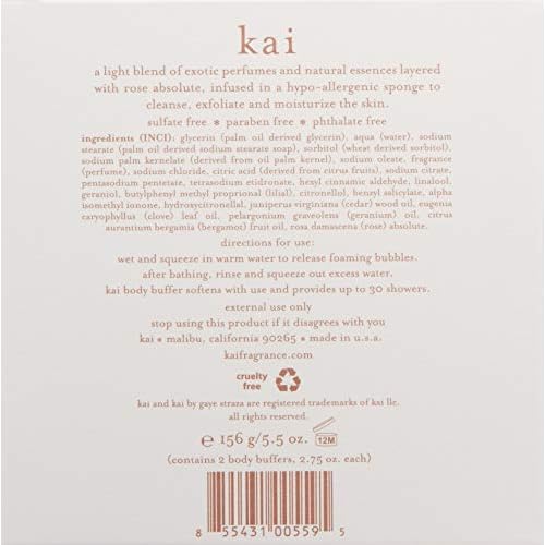 kai Body Buffer Rose, 2 Count, Innovative Bath sponges That Gently exfoliates Skin While Cleansing The Body with a Fresh + Clean Gardenia Rose Absolute Scent, Vegan, Cruelty Free, Made in The USA