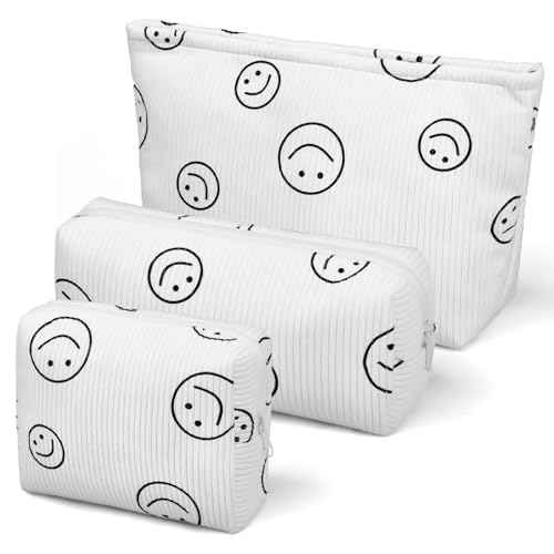 3 Pieces MakeUp Bag Cosmetic Bag,Travel Makeup Bag Set,Cute Smiley Corduroy Make Up Purse with Zipper,Beige White Pencil Pouch,Small Makeup Pouch,Aesthetic Preppy Stuff
