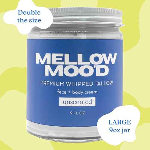 Mellow Moo'd Unscented Whipped Grass Fed Beef Tallow - Face + Body Cream - Tallow Moisturizer for Sensitive Skin - Natural Body Butter Lotion XTRA Large 9 FL OZ - Made In USA