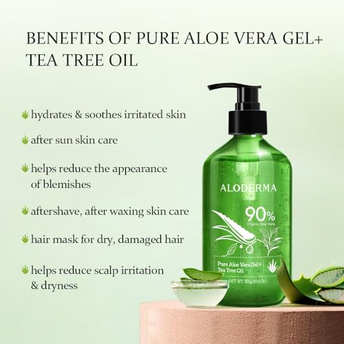Aloderma Aloe Vera Gels Set, 2 Pieces - 300g Aloe Vera Gel, 300g Aloe Vera Gel + Tea Tree Oil - Hydrating, Soothing, Moisturizing
