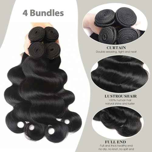Human Hair Bundles Body Wave 10 12 14 16 Inch 4 Bundles 12A Human Hair Extensions 100% Unprocessed Brazilian Virgin Human Hair Deals Quick Weave Bundles Wet Wave Hair