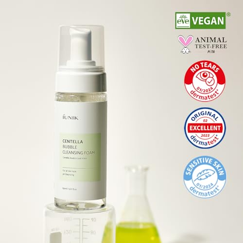 IUNIK Centella Bubble Foaming Vegan Facial Cleanser - 69% Centella Asiatica Extract, Soothing, Moisturizing, Exfoliating, Removes Pore Blackheads, Whiteheads, 5.07 Fl Oz