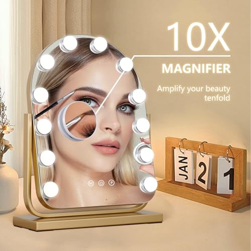 Vanity Mirror with Lights,17.3"¡¿13" Lighted Makeup Mirror with 12 Dimmable LED Bulbs,10X Magnification Smart Touch Control Hollywood Mirror with Lights,3 Colors Dimmable,360¡Æ Rotation (Gold)