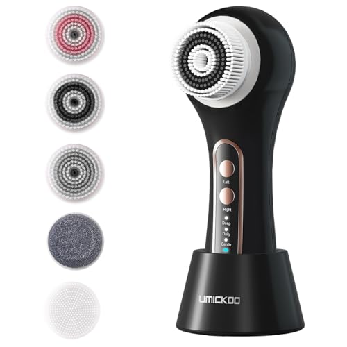 Electric Facial Cleansing Brush, 2-Way Rotating Face Scrubber for Daily & Deep Cleaning, 3 Modes, 5 Brush Heads, Rechargeable, IPX7 Waterproof for All Skin Types