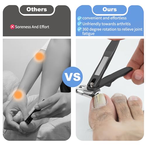 Nail Clippers for Seniors - Artfuy 360° Degree Rotary Nail Clippers for Thick Nails with Long Handle Stainless Steel Heavy Duty. Large Toe Nail Clippers for Seniors, Men and Women (Black)