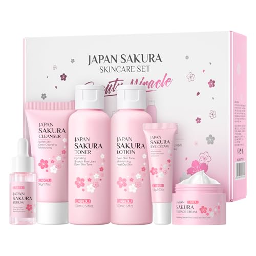 LAIKOU Skin Care Set JAPAN SAKURA Women Beauty Gift Sets Skin Care Kit with Cleanser, Toner, Lotion, Serum, Eye Cream, Face Cream Travel Kit for Women Teen Girls Mom Daughter TSA-friendly Sizes 6pcs