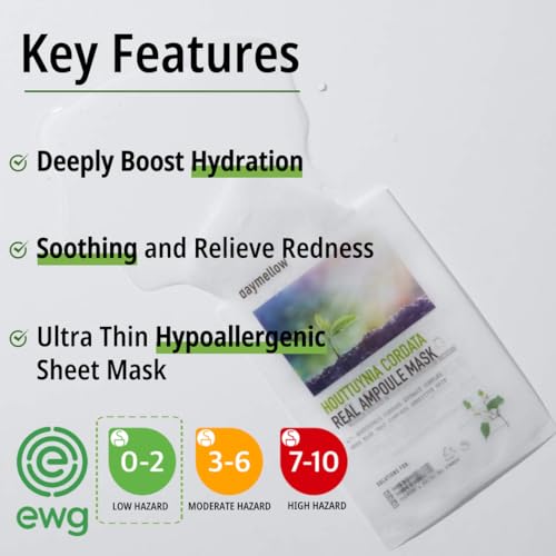 daymellow Sheet Mask 5PACK, Houttuynia Cordata Real Ampoule Masks, Face Sheet Mask, Heartleaf, Panthenol, Tea Tree, Hydrating, Acne, Soothes, Redness, Deep Moisturizing, Korean Skincare
