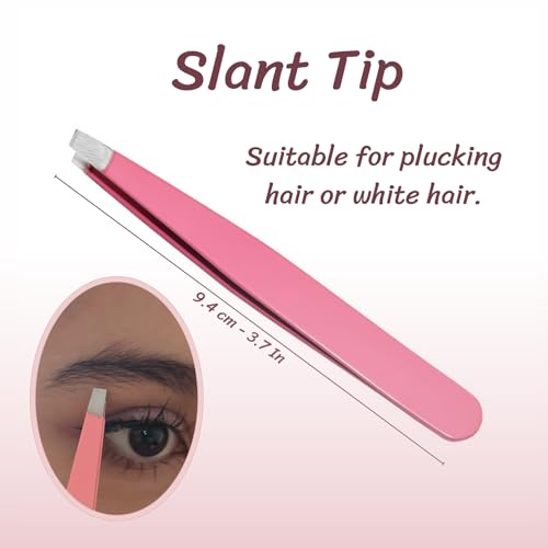 Eyebrow Tweezers for Women with Slanted, Splinter, and Pointed Tips. Professional Tweezers for Women Facial Hair for Eyebrow Care. 4 Piece Pinzas para Cejas Set. (PinkTweezer)