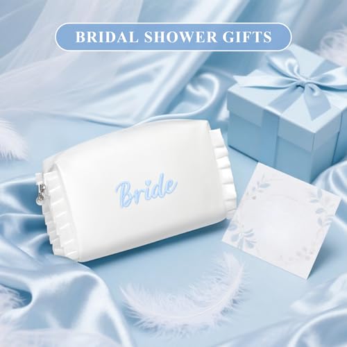 Etercycle Bride White Satin Cosmetic Bag with Blue Embroidery