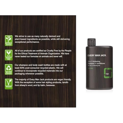 Every Man Jack 2-in-1 Thickening Shampoo + Conditioner - Thicken, Cleanse, and Hydrate Hair with Coconut, Aloe, and Tea Tree Oil - Naturally Derived and No Harsh Chemicals - Twin Pack