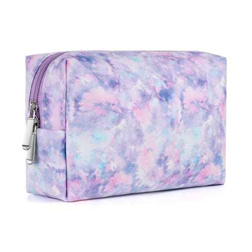 Makeup Bag For Girls, Travel Cosmetic Bag For Teens Girls Kids Cute Small Makeup Bag for Purse Waterproof Zipper Pouch, Tie Dye Purple