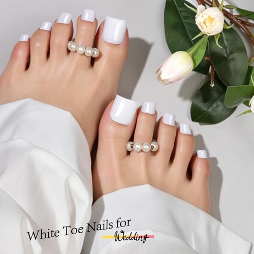 Square White Press On Toenails Kit, 15 Sizes with Glue