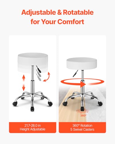 VEVOR White Adjustable Rolling Stool with Wheels 21.3" Diameter, 450 lbs Capacity