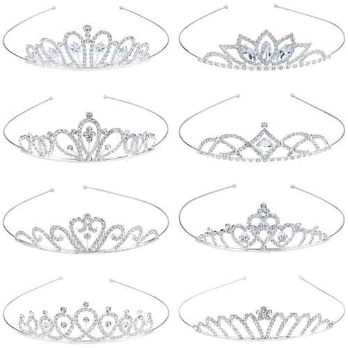 8 Pieces Silver Metal Birthday Party Prom Bridal Wedding Dazzling Rhinestone Princess Crown Headbands Tiaras Headpieces Hair Accessories for Women Girls Brides Bridesmaids