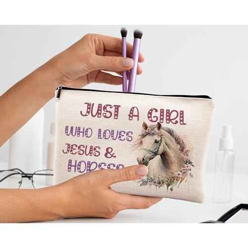 KDQUA Horse Lovers Makeup Bag, Just a Girl Who Loves Horses, Funny Cowgirl Equestrian Gifts - Linen Cosmetic Bag Zipper Pouch Travel Toiletry Bag