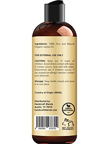 Handcraft Blends USDA Organic Jojoba Oil - 8 Fl Oz - 100% Pure and Natural - Premium Grade Oil for Face, Body and Hair - Anti-Aging Oil - Cold-Pressed and Hexane-Free - Packaging May Vary