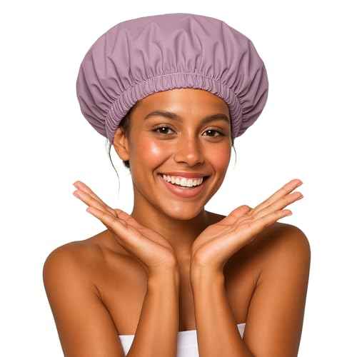 Shower Cap for Women Reusable Waterproof £¬Shower Caps with Elastic Band, Ideal for Long Hair, Braids and All Hair Types,Medium,Purple