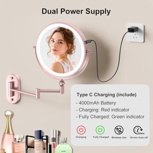 ZLOKLA 9" Wall Mounted Lighted Makeup Mirror - 1X/30X Magnification, Rechargeable, 360° Rotation, Touch Dimmable, 3 Color Lights