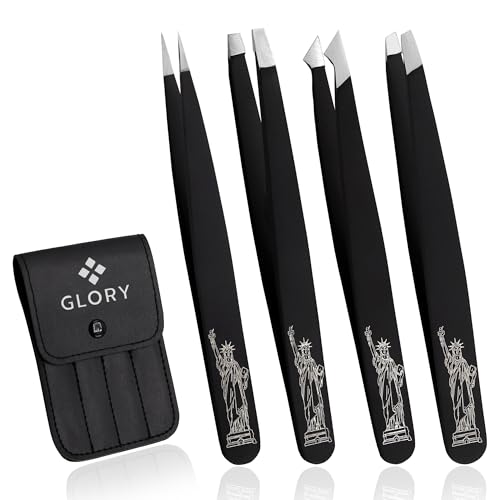 Glory 4-Pcs Precision Eyebrow Tweezers Set Professional Stainless Steel Brow Tweezers for Eyebrows, Ingrown Hair, Facial Hair, Chin Hair & Splinters with American-Inspired Design