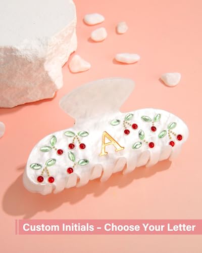 AWAYTR Cherry Monogram Hair Clip with Rhinestones - Durable Claw Clip for Fine Hair