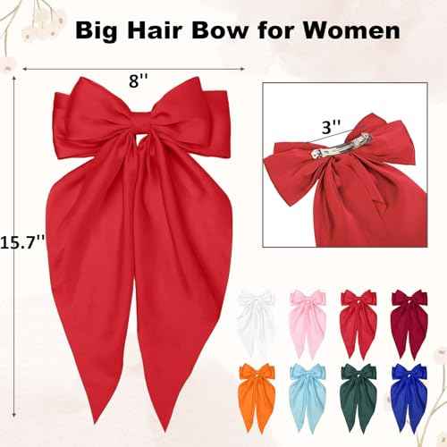 Red Hair Bow for Women Girls, Big Satin Bow Clip with Long Tail Red Hair Accessories