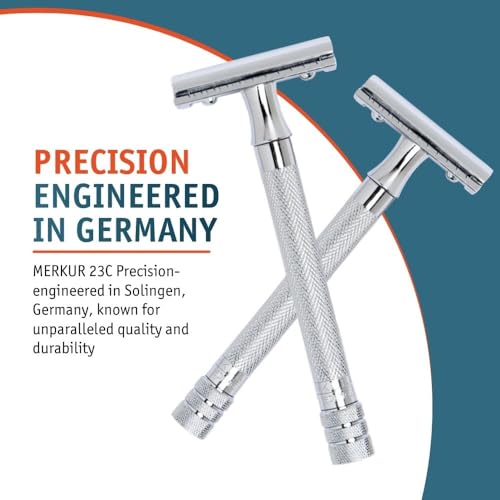 MERKUR 23C Double Edge Safety Razor - Polished Chrome, Long Knurled Brass Handle, Made in Germany, Plastic-Free, Three Piece Design, Closed Comb, Straight Bar