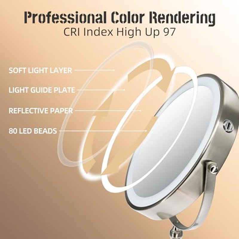 9 "Large Light Makeup Mirror, 1x / 10x True HD Magnifying Mirror, 3-Color Light dimmable, 2 Rechargeable Makeup Mirrors 360¡Æ Rotation, Standing Desk Makeup Mirror, Brush Nickel