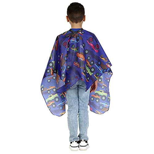 Kids Barber Cape for Haircut at Home or Salon - Adjustable Neck with Snaps, Monster Truck Design