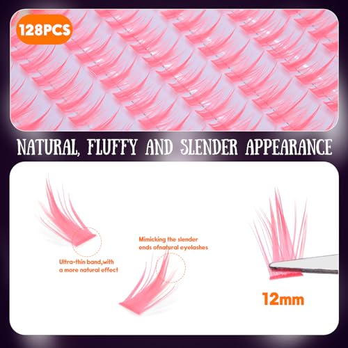 Fluorescent Pink Lash Clusters 12mm - 128 Pieces