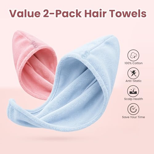Mandydov 100% Cotton Hair Towel Wraps - 2 Pack Super Absorbent