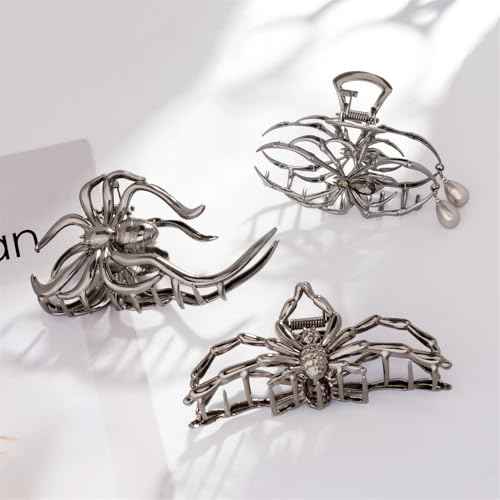 Halloween 3PCS Spider Hair Claw Clips Hair Accessories for Women Girls, Gothic Black Metal with Pearl Charms Large Medium Size Catch Clips for thick Hair Styling Tool Holiday Gifts(Black Gun)