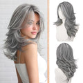 Haloo 20 Inch Grey Layered Wig with Curtain Bangs - Lace Front Synthetic Hair for Women