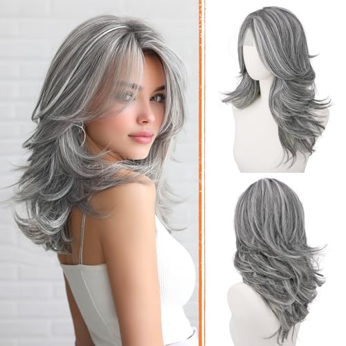 Haloo 20 Inch Grey Layered Wig with Curtain Bangs - Lace Front Synthetic Hair for Women