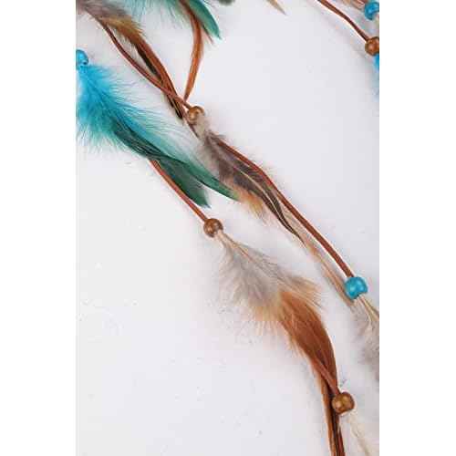 Jumwrit Bohemian Dreamcatcher Feather Headband Indian Gypsy Headpiece with Blue and Brown Feather Tassel Elastic Band Beaded Hairband Hippie Costume Accessories for Women and Girls