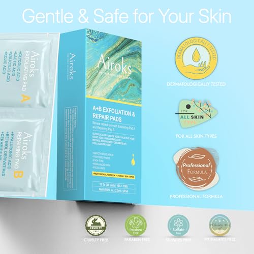 A+B Exfoliating & Repair Face Pads 10 Tx - 2-Step Acid Peel Serum Treatment with Glycolic, Salicylic, Kojic Acid & Retinol Hyaluronic Peptides for Smooth Skin, Pore Minimizer, Hyperpigmentation
