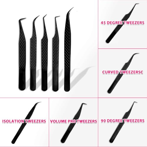 TDANCE Lash Tweezers for Eyelash Extensions, Diamond Grip 90 Degree Fiber Tip Lash Tweezers for Volume Lashes Make Fans, Stainless Steel Lash Extension Tweezers(Black-05)