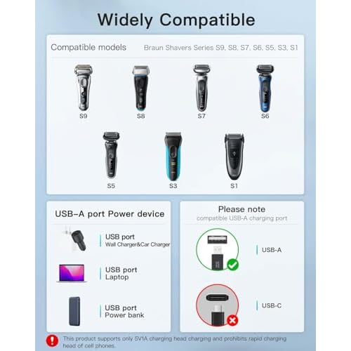 Charger Cable for Braun Shaver Series 9 8 7 6 5 3 1,Power Cord for Braun S3 S6 S7 S8 S5 S9 S1 Electric Razor,Durable Portable Travel Charger,3.3FT