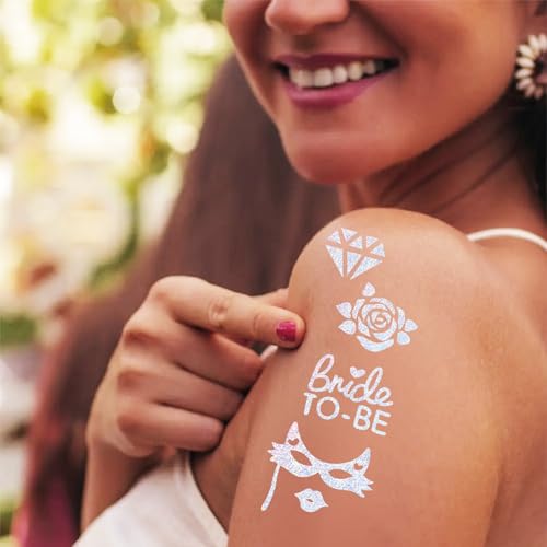 Bride Squad 50+ PCS Bachelorette Temporary Tattoos -Bridesmaid Favor, Bride to Be Gift, Bridal Shower Supplies,Flash Glitter Iridescent Metallic Tattoos Bachelor Party Favors
