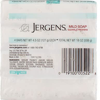 Jergens Mild Bath Size Soap, White, 4-4.5 oz (227g) bars